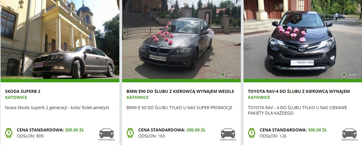 Przykładowe oferty wynajmu samochodów z Katowic wraz z cenami za godzinę
