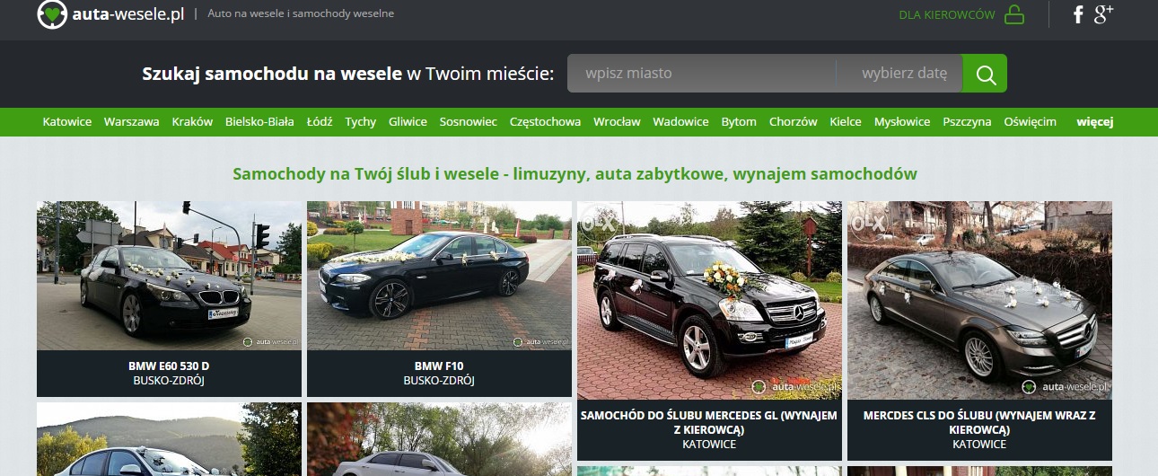 Wyszukiwarka portalu auta-wesele.pl, gdzie można znaleźć oferty wypożyczenia samochodów na ślub