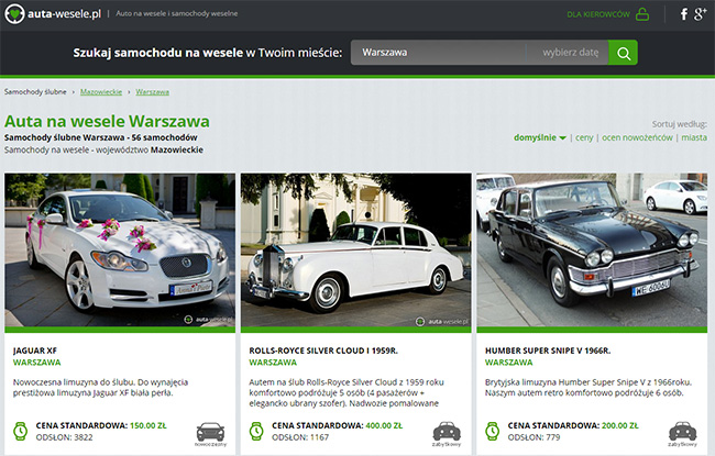 screen z bazy aut ślubnych z Warszawy portalu auta-wesele.pl