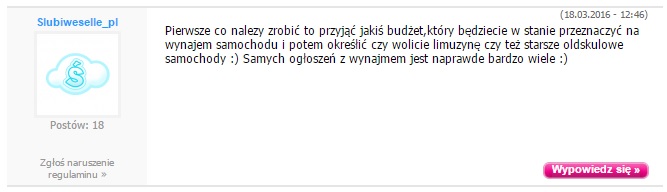 wpis na forum o wypożyczaniu aut na ślub