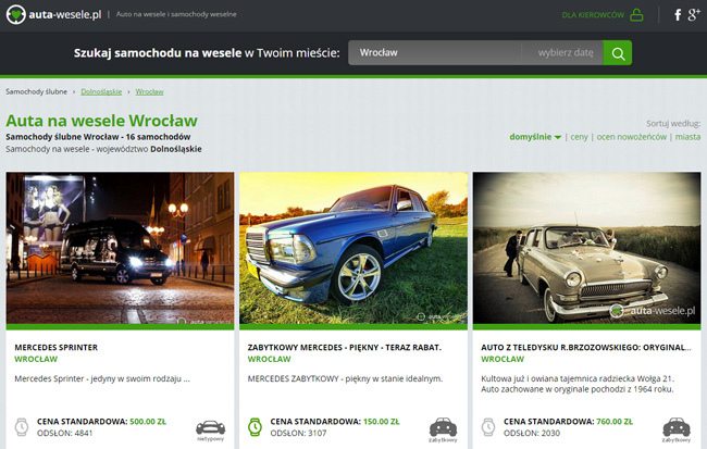 screen z bazy aut ślubnych z Wrocławia - auta-wesele.pl 